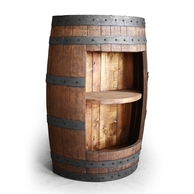 Whiskey Barrel - Half Barrel Opened Cabinet - Whiskey Barrel Liquor Cabinet - Barrel Bar - Whiskey Barrel Liquor Bar - Man Cave - Rustic Whiskey Barrel Bar