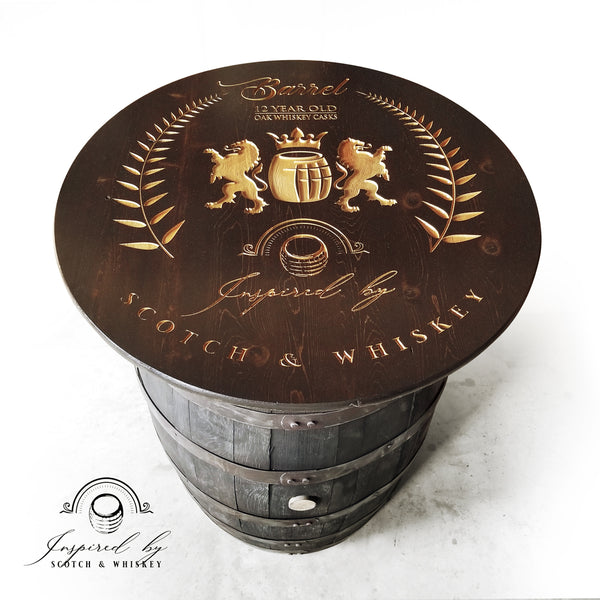 Whiskey Barrel - Expresso Barrel Table (Custom Logo) - Bar - Mancave - Whiskey Barrel table - Handcrafted From A Reclaimed Whiskey Barrel