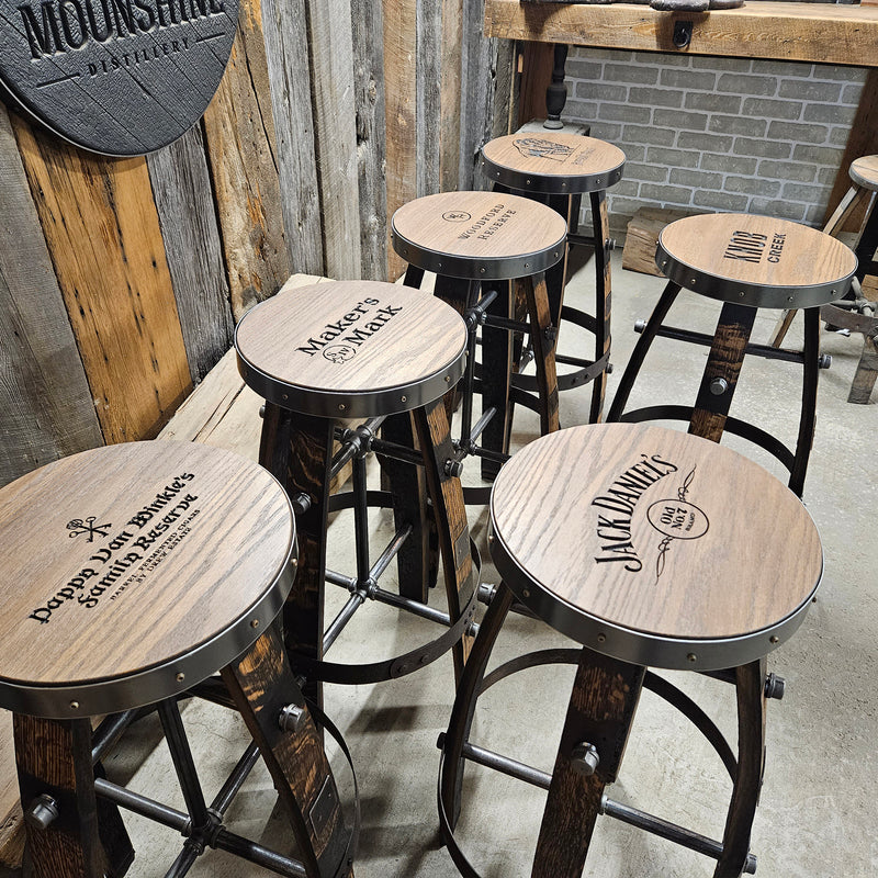 Whiskey Barrel Stool - Custom Logo Available | Handcrafted Rustic Oak Bar Seat