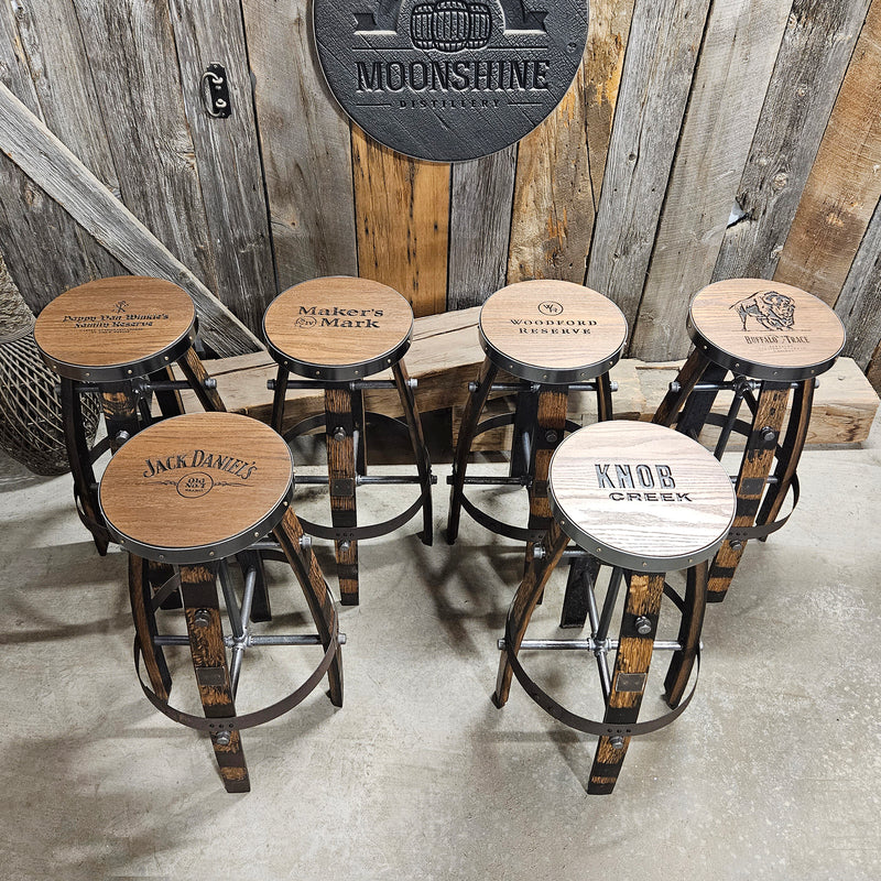 Whiskey Barrel Stool - Custom Logo Available | Handcrafted Rustic Oak Bar Seat