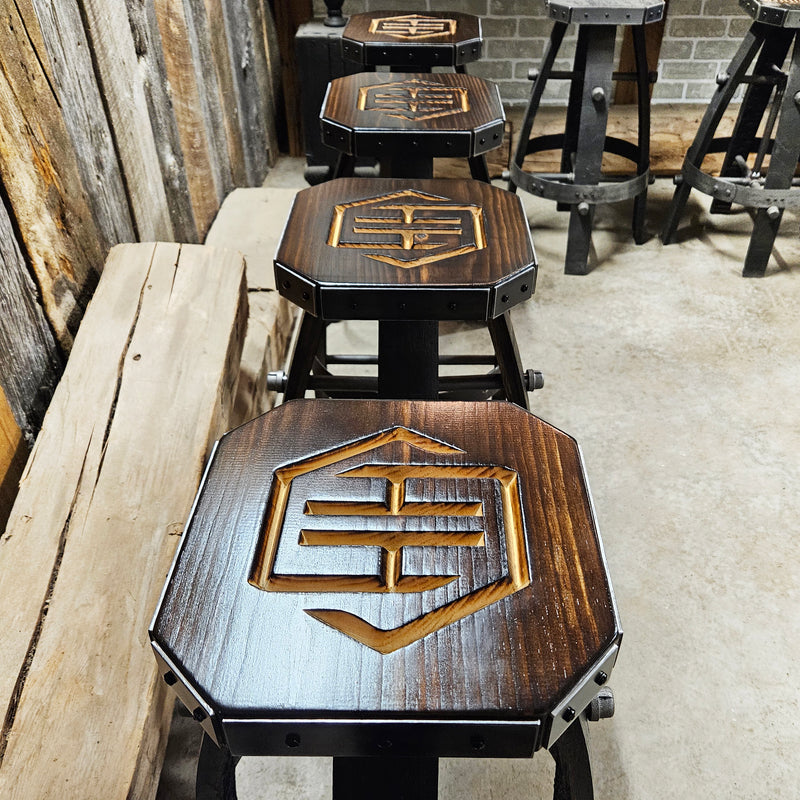 Custom Whiskey Barrel Bar Stool | Metal & Wood Expresso Finish for Home Bar & Mancave