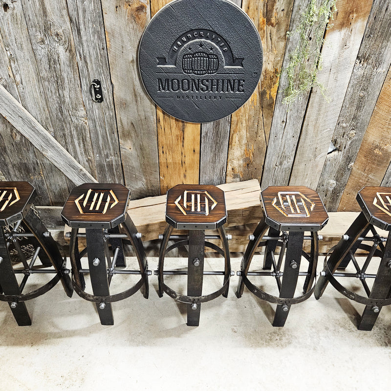Custom Whiskey Barrel Bar Stool | Metal & Wood Expresso Finish for Home Bar & Mancave