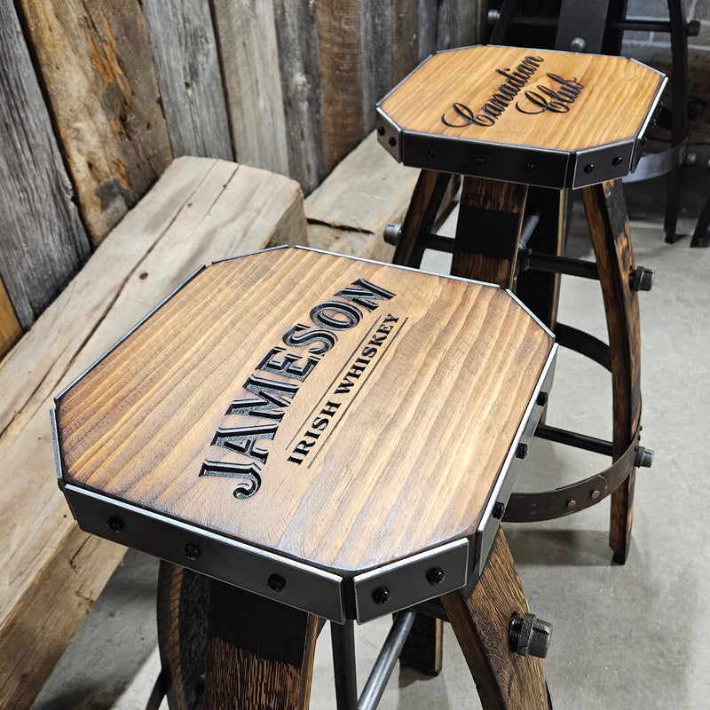 Whiskey Barrel - Custom (Metal & wood - Tan) Whiskey Barrel Bar Stool - Chair - Seat - Mancave - Bar - Stools - Bar stools