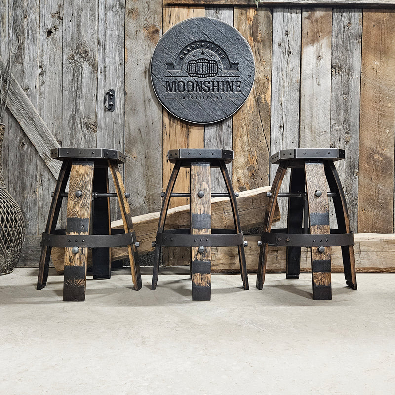 Custom (Logo) Tan Whiskey Barrel Bar Stool | Handcrafted Metal & Wood for Home Bar & Mancave