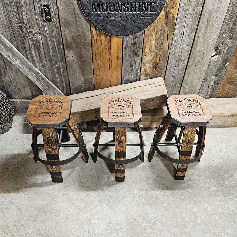 Custom (Logo) Tan Whiskey Barrel Bar Stool | Handcrafted Metal & Wood for Home Bar & Mancave