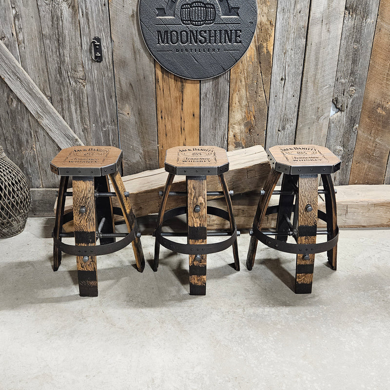 Custom (Logo) Tan Whiskey Barrel Bar Stool | Handcrafted Metal & Wood for Home Bar & Mancave