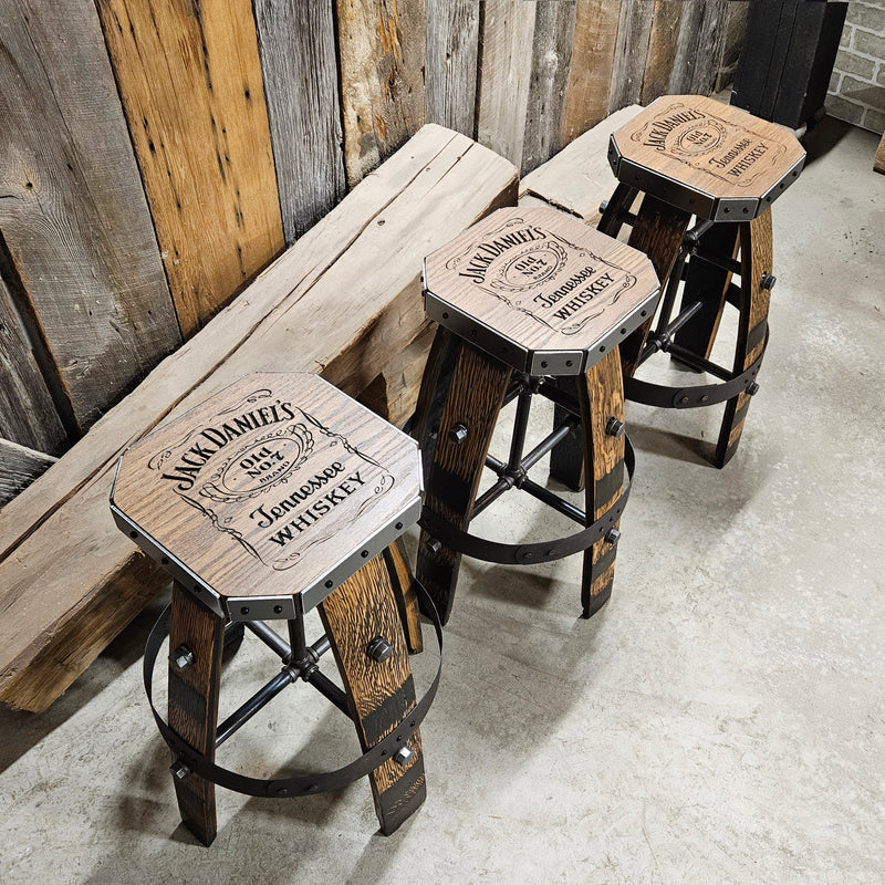 Custom (Logo) Tan Whiskey Barrel Bar Stool | Handcrafted Metal & Wood for Home Bar & Mancave
