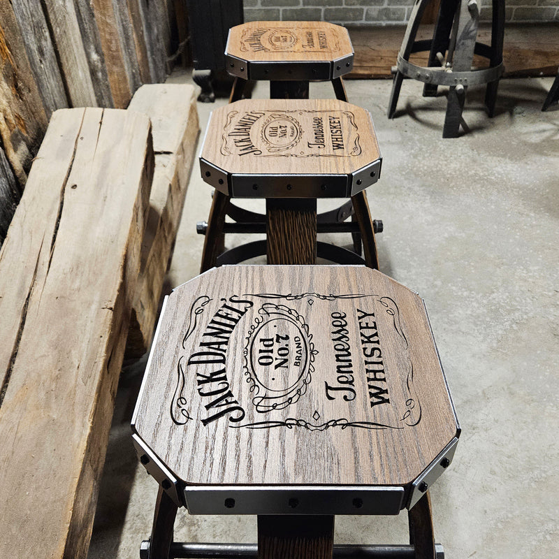 Custom (Logo) Tan Whiskey Barrel Bar Stool | Handcrafted Metal & Wood for Home Bar & Mancave