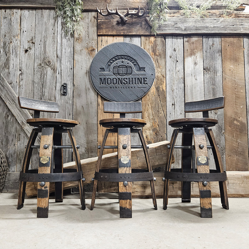 Handcrafted Whiskey Barrel Stool with Swivel Seat | Unique Rustic Home Bar Furniture- Handmade with a Full Whiskey Barrel from the 60's