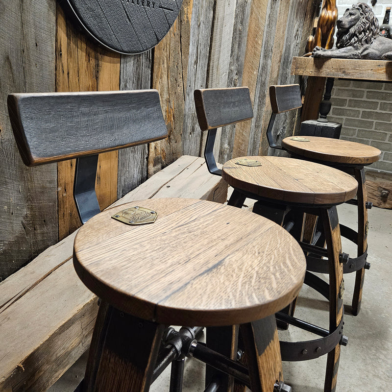 Handcrafted Whiskey Barrel Stool with Swivel Seat | Unique Rustic Home Bar Furniture- Handmade with a Full Whiskey Barrel from the 60's
