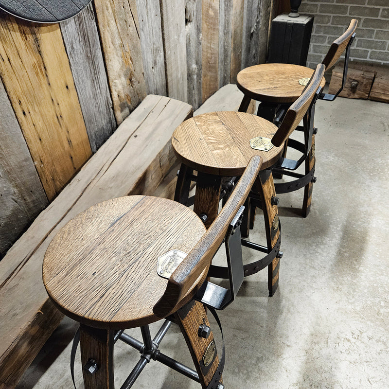 Handcrafted Whiskey Barrel Stool with Swivel Seat | Unique Rustic Home Bar Furniture- Handmade with a Full Whiskey Barrel from the 60's
