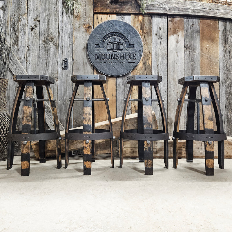 Custom (Logo) Tan Whiskey Barrel Bar Stool | Handcrafted Metal & Wood for Home Bar & Mancave