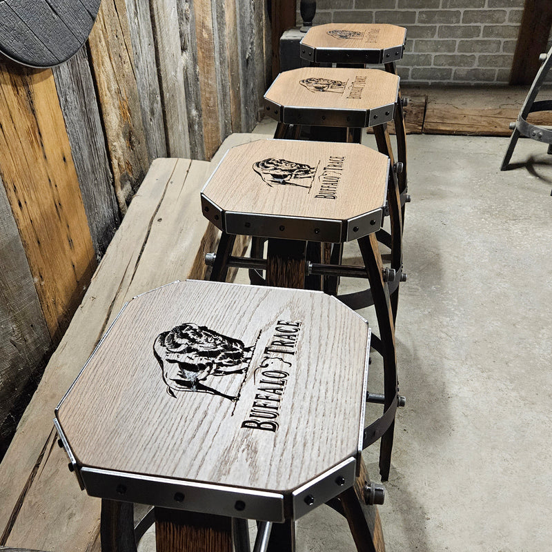 Custom (Logo) Tan Whiskey Barrel Bar Stool | Handcrafted Metal & Wood for Home Bar & Mancave