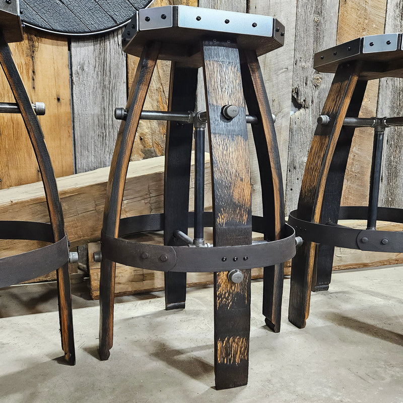 Custom (Logo) Tan Whiskey Barrel Bar Stool | Handcrafted Metal & Wood for Home Bar & Mancave