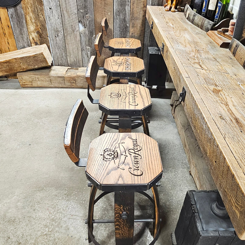 Personalized Oak Barrel Bar Stool - Vintage 1960s Whiskey Barrel Seat - Handcrafted & Rustic Oak Barrel Bar Stool