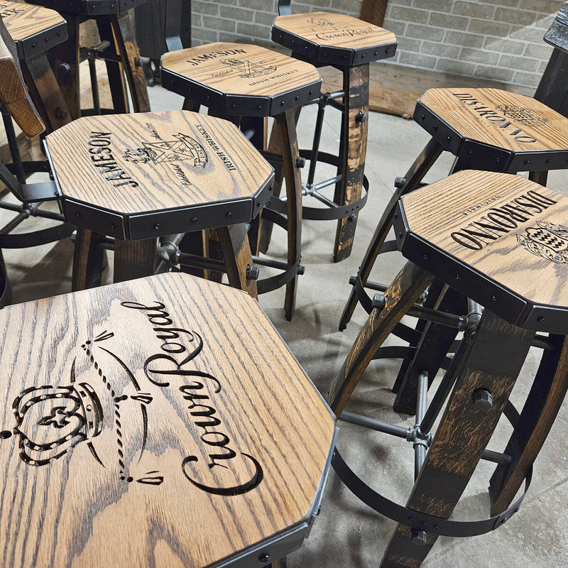 Personalized Oak Barrel Bar Stool - Vintage 1960s Whiskey Barrel Seat - Handcrafted & Rustic Oak Barrel Bar Stool