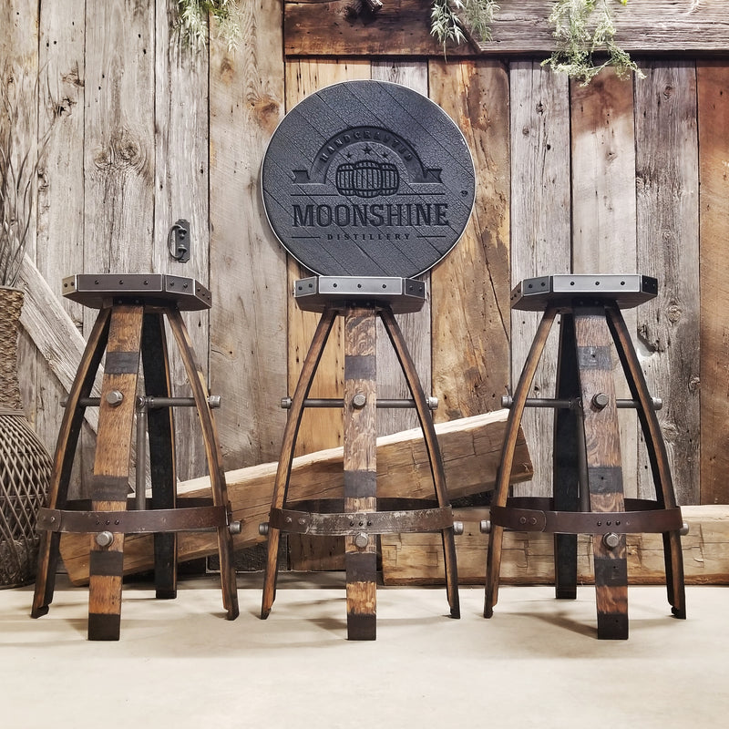 Whiskey Barrel - Custom (Métal &amp; bois - Tan) Whiskey Barrel Bar Tabouret - Chaise - Siège - Mancave - Bar - Tabourets - Tabourets de bar