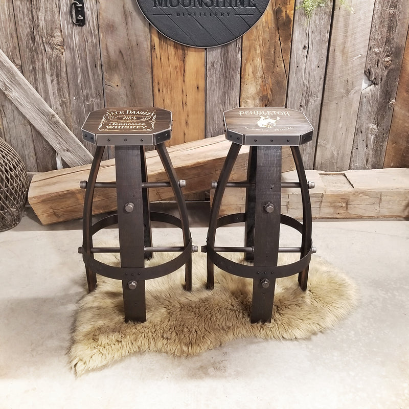 Custom Whiskey Barrel Bar Stool | Metal & Wood Expresso Finish for Home Bar & Mancave