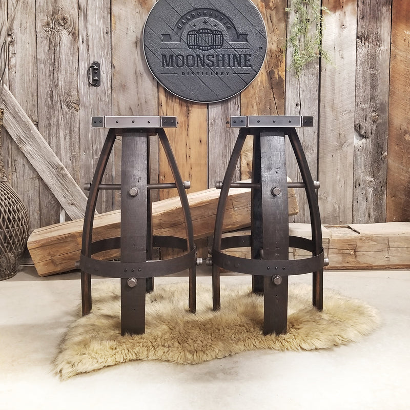 Custom Whiskey Barrel Bar Stool | Metal & Wood Expresso Finish for Home Bar & Mancave