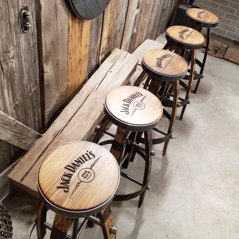 1- Whiskey Barrel Bar Stool - Stool Custom Logo (Metal & wood - Round) Whiskey Barrel Bar Stool - Chair - Seat - Mancave - Bar - Stools - Bar stools - Bar Chair - Oak wood