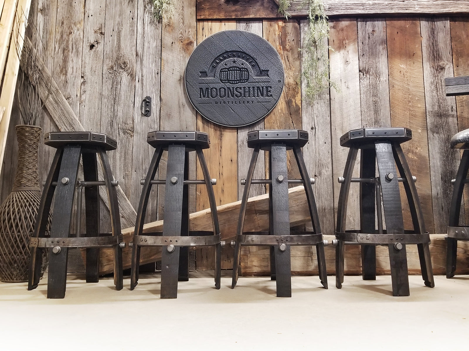 Custom Whiskey Barrel Bar Stool Metal Wood Expresso Finish for