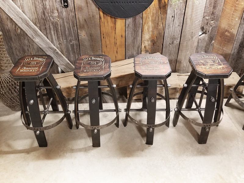 Tabouret de baril de whisky (sculpté sur mesure, jante argentée) - Tabouret de bar de baril de whisky - Chaise - Siège - Mancave - Bar - Tabourets - Tabourets de bar