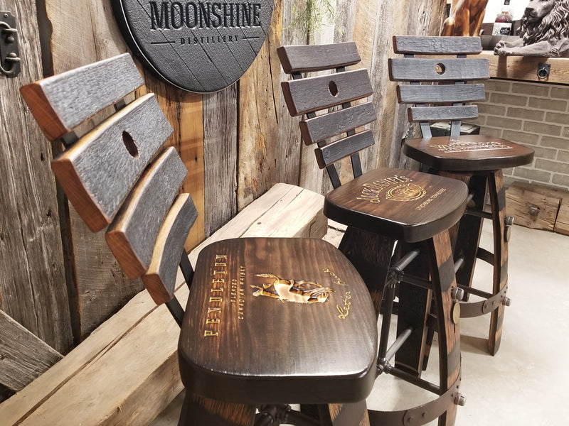 WHISKEY BARREL  BAR STOOL WITH BACKING – TURTEL BACK TAN (WHISKEY BARREL & BARN WOOD) WHISKEY BARREL BAR STOOL - CHAIR - SEAT - MANCAVE - BAR - STOOLS - BAR STOOLS