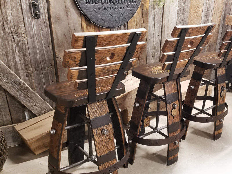 WHISKEY BARREL  BAR STOOL WITH BACKING – TURTEL BACK TAN (WHISKEY BARREL & BARN WOOD) WHISKEY BARREL BAR STOOL - CHAIR - SEAT - MANCAVE - BAR - STOOLS - BAR STOOLS