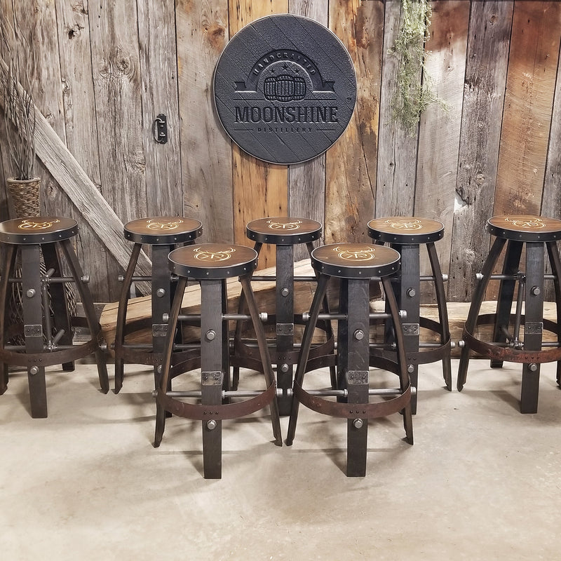 1- Whiskey Barrel Bar Stool - Stool Custom Logo (Metal & wood - Round) Whiskey Barrel Bar Stool - Chair - Seat - Mancave - Bar - Stools - Bar stools - Bar Chair - Oak wood