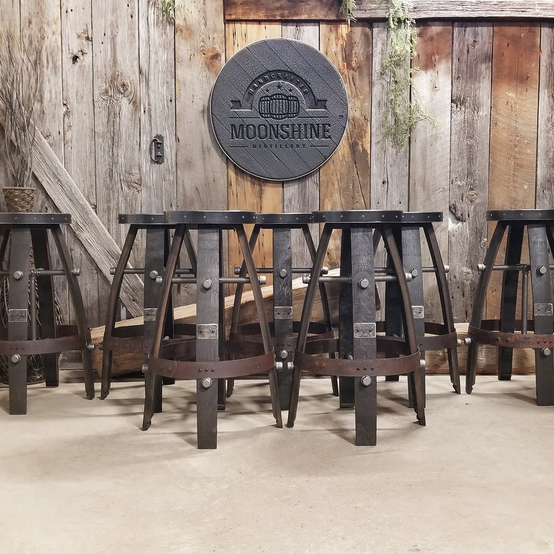 1- Whiskey Barrel Bar Stool - Stool Custom Logo (Metal & wood - Round) Whiskey Barrel Bar Stool - Chair - Seat - Mancave - Bar - Stools - Bar stools - Bar Chair - Oak wood