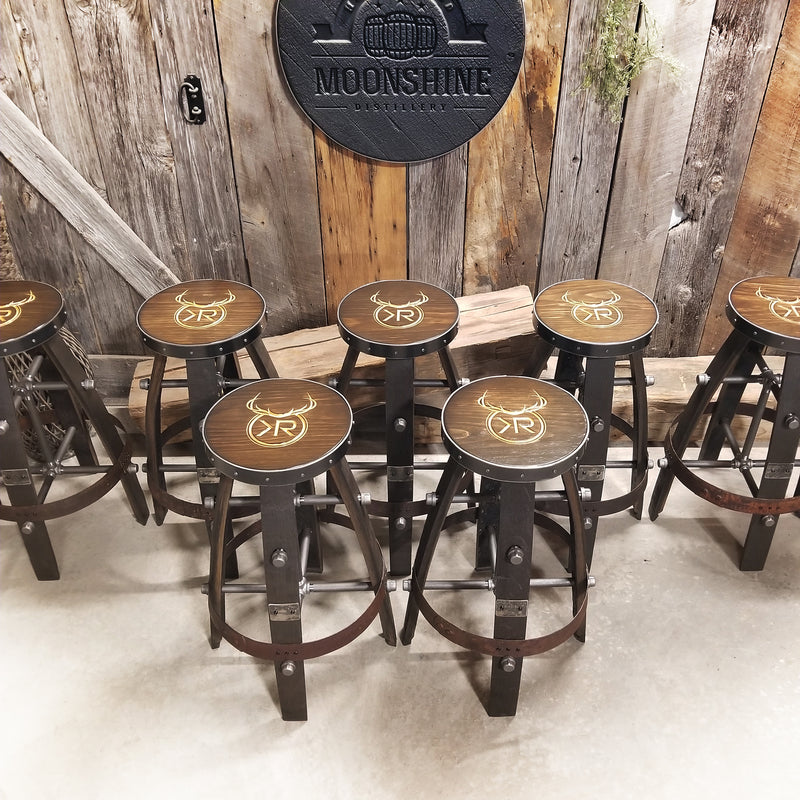 1- Whiskey Barrel Bar Stool - Stool Custom Logo (Metal & wood - Round) Whiskey Barrel Bar Stool - Chair - Seat - Mancave - Bar - Stools - Bar stools - Bar Chair - Oak wood