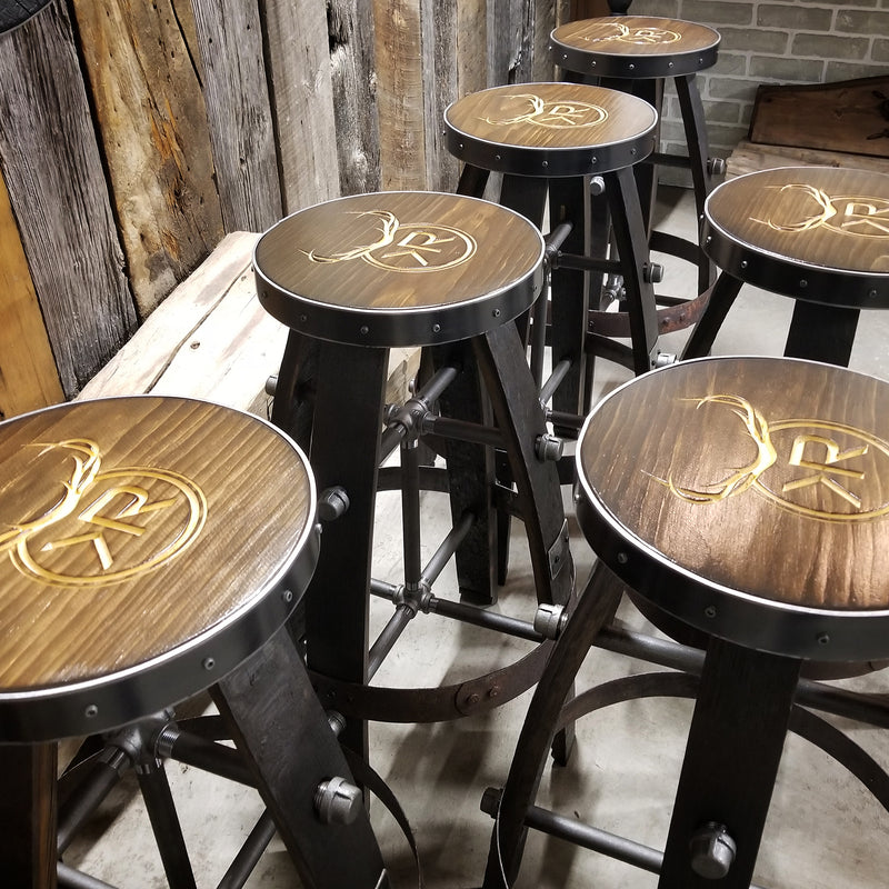 1- Whiskey Barrel Bar Stool - Stool Custom Logo (Metal & wood - Round) Whiskey Barrel Bar Stool - Chair - Seat - Mancave - Bar - Stools - Bar stools - Bar Chair - Oak wood