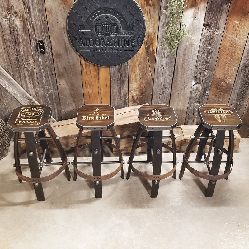 Custom Whiskey Barrel Bar Stool | Metal & Wood Expresso Finish for Home Bar & Mancave