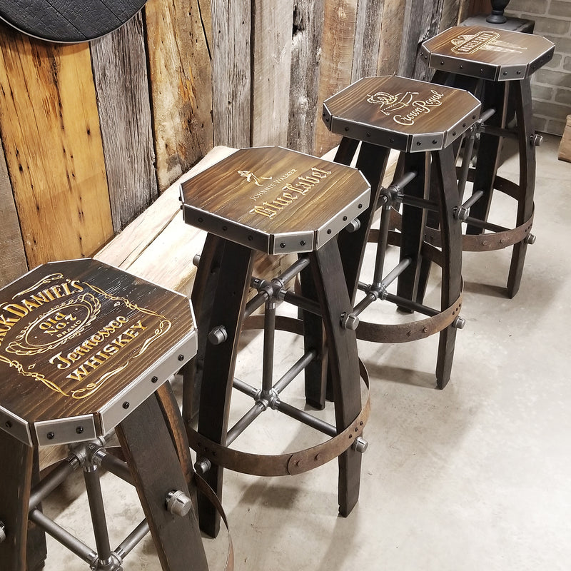 Custom Whiskey Barrel Bar Stool | Metal & Wood Expresso Finish for Home Bar & Mancave