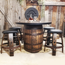 Whiskey Barrel - Whiskey Barrel 42" Table Bar + 4 Bar Stools - Mancave - Whiskey Barrel table + 4 Stools - Handcrafted From A Reclaimed Whiskey Barrel and Oak wood