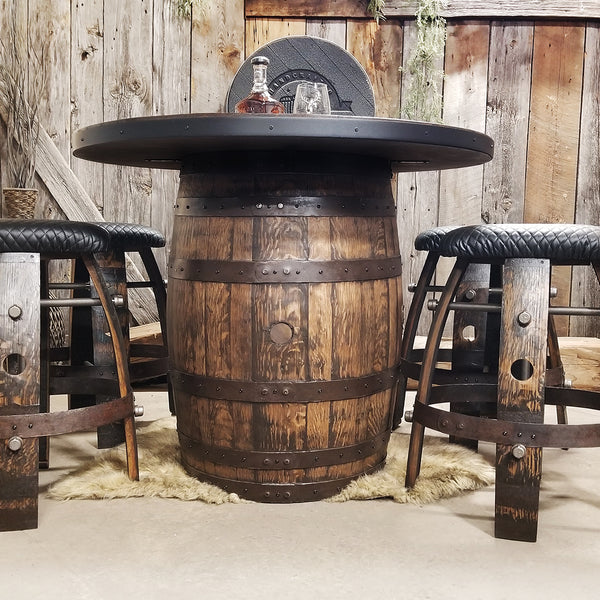 Whiskey Barrel - Whiskey Barrel 42" Table Bar + 4 Bar Stools - Handcrafted From A Reclaimed Whiskey Barrel and Oak wood