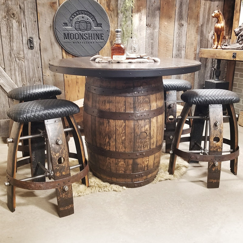 Whiskey Barrel - Whiskey Barrel 42" Table Bar + 4 Bar Stools - Mancave - Whiskey Barrel table + 4 Stools - Handcrafted From A Reclaimed Whiskey Barrel and Oak wood