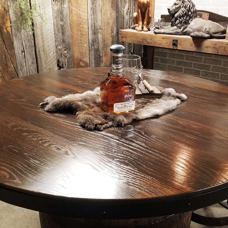 Whiskey Barrel - Whiskey Barrel 42" Table Bar + 4 Bar Stools - Mancave - Whiskey Barrel table + 4 Stools - Handcrafted From A Reclaimed Whiskey Barrel and Oak wood