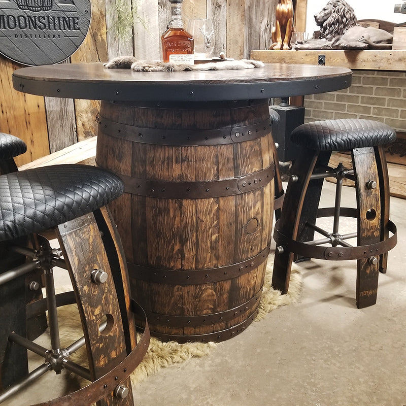 Whiskey Barrel - Whiskey Barrel 42" Table Bar + 4 Bar Stools - Mancave - Whiskey Barrel table + 4 Stools - Handcrafted From A Reclaimed Whiskey Barrel and Oak wood