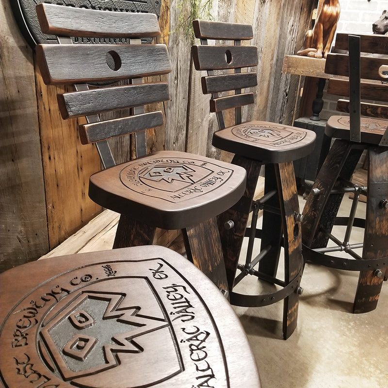 WHISKEY BARREL  BAR STOOL WITH BACKING – TURTLE BACK TAN (WHISKEY BARREL & BARN WOOD) WHISKEY BARREL BAR STOOL - CHAIR - SEAT - MANCAVE - BAR - STOOLS - BAR STOOLS