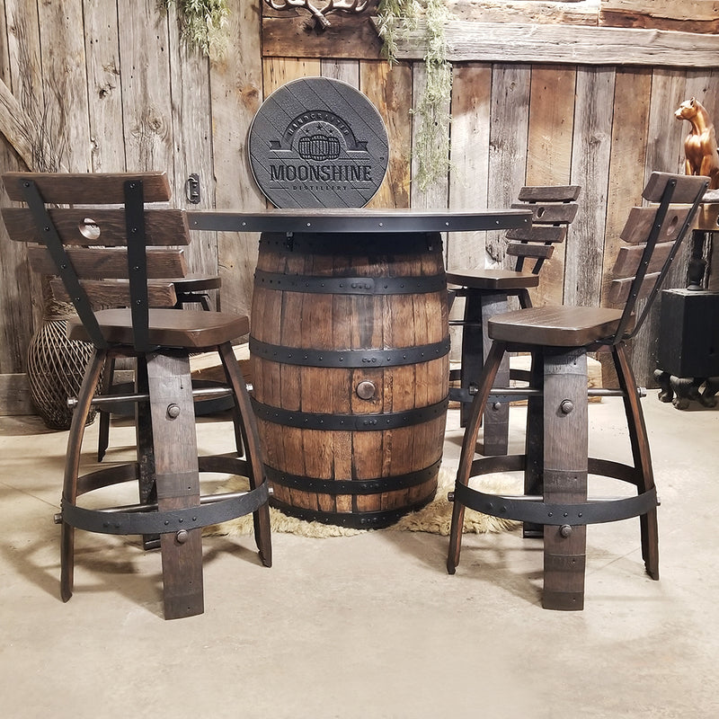 Whiskey Barrel (42") Table with Custom logo + 4 Bar Stools with backs - Handcrafted From A Reclaimed Whiskey Barrel and Oak wood