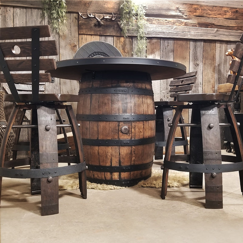 Whiskey Barrel (42") Table with Custom logo + 4 Bar Stools with backs - Handcrafted From A Reclaimed Whiskey Barrel and Oak wood