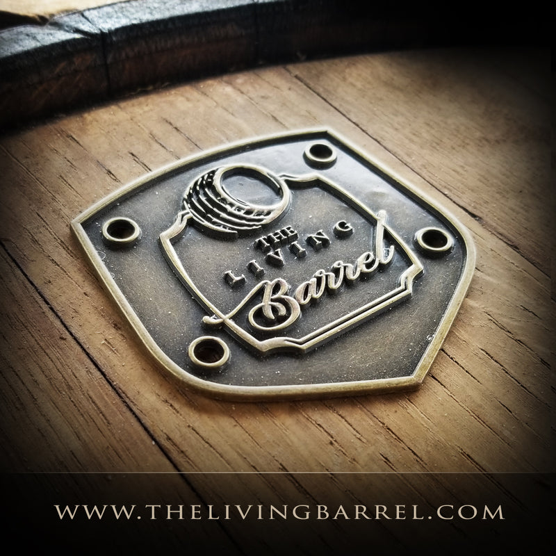 Logo top (custom engraving) end table made from authentic whiskey barrels with