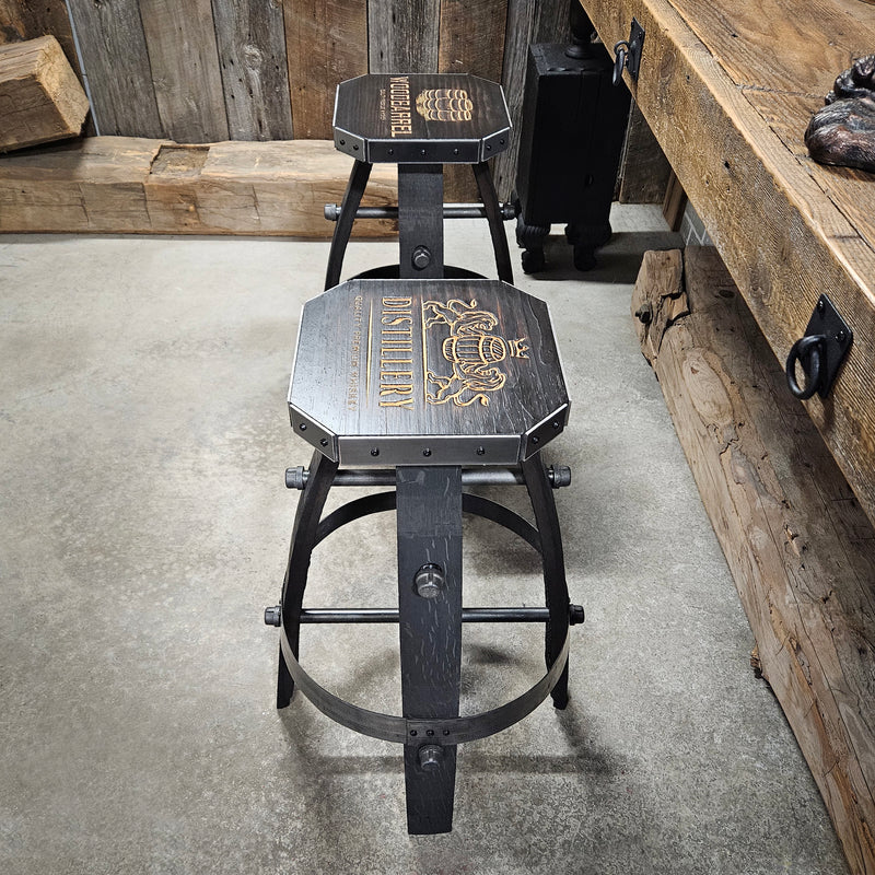 Whiskey Barrel Stool (Custom Carved, Silver Rim) - Whiskey Barrel Bar Stool - Chair - Seat - Mancave - Bar - Stools - Bar stools