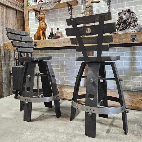 WHISKEY BARREL BAR STOOL WITH BACKING – TURTLE BACK / SWIVEL SEAT