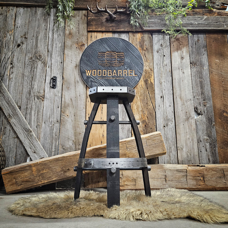 Whiskey Barrel Stool (Custom Carved, Silver Rim) - Whiskey Barrel Bar Stool - Chair - Seat - Mancave - Bar - Stools - Bar stools