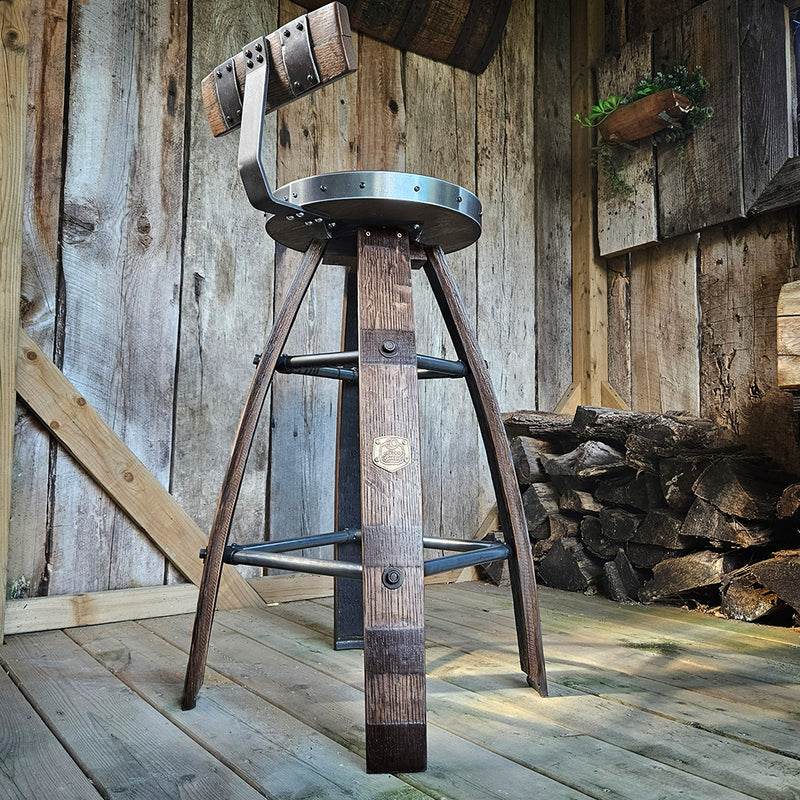 Personalized Oak Barrel Bar Stool - Vintage 1960s Whiskey Barrel Seat - Handcrafted & Rustic Oak