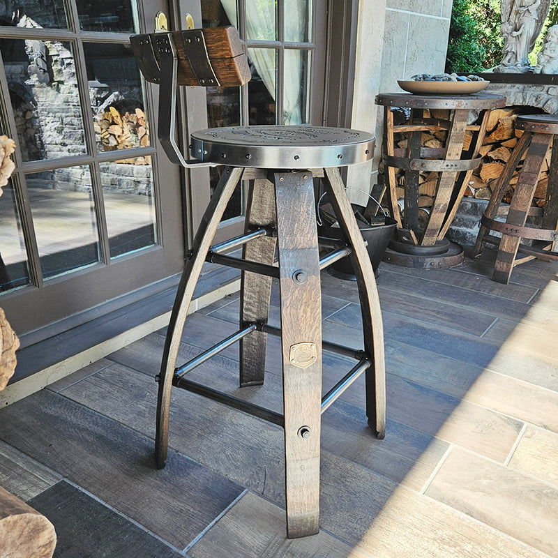 Personalized Oak Barrel Bar Stool - Vintage 1960s Whiskey Barrel Seat - Handcrafted & Rustic Oak