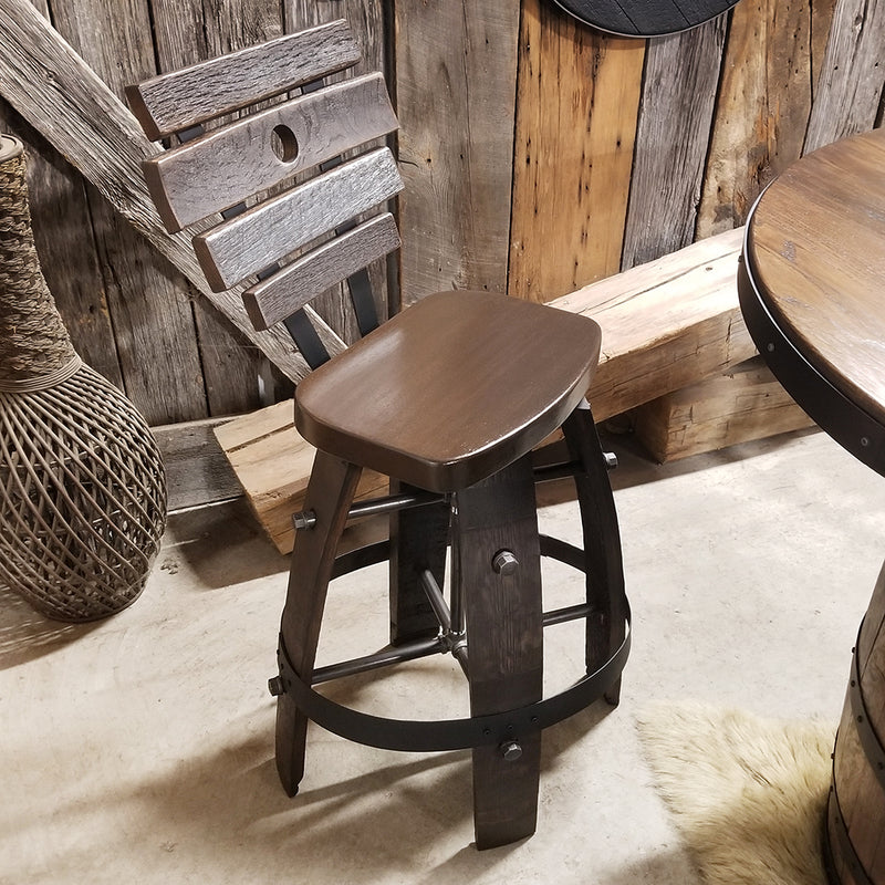 Whiskey Barrel (42") Table with Custom logo + 4 Bar Stools with backs - Handcrafted From A Reclaimed Whiskey Barrel and Oak wood