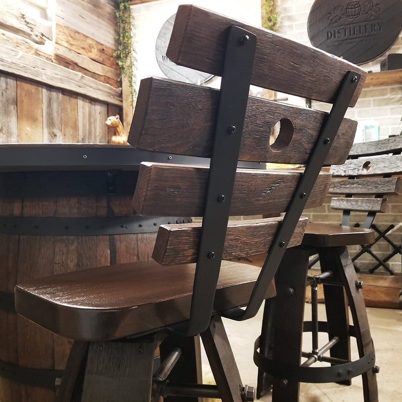 Whiskey Barrel (42") Table with Custom logo + 4 Bar Stools with backs - Handcrafted From A Reclaimed Whiskey Barrel and Oak wood